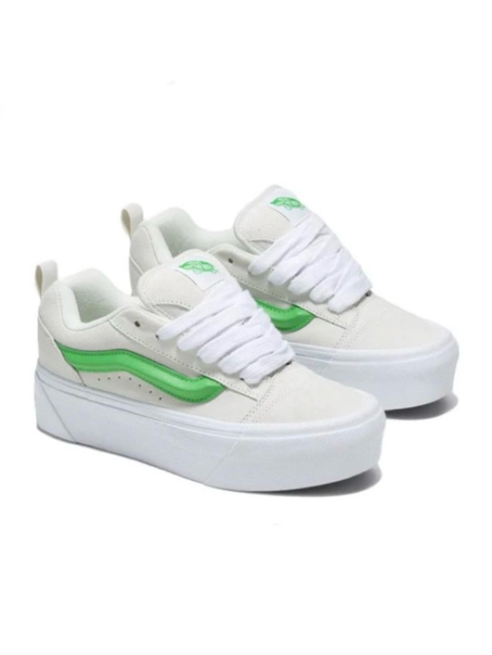 Vans White Platform Sneakers with Green Side Stripe